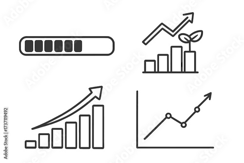Progress bar and growth diagram line icon collection, editable stroke vector set for infographics, articles, books, flyers, banners, business charts, and data visualization designs