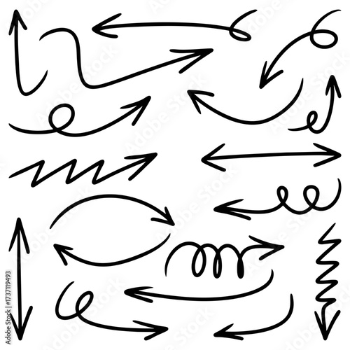 set of hand drawn arrows in sketch style. Includes different directions, curved lines, and doodle style symbols.