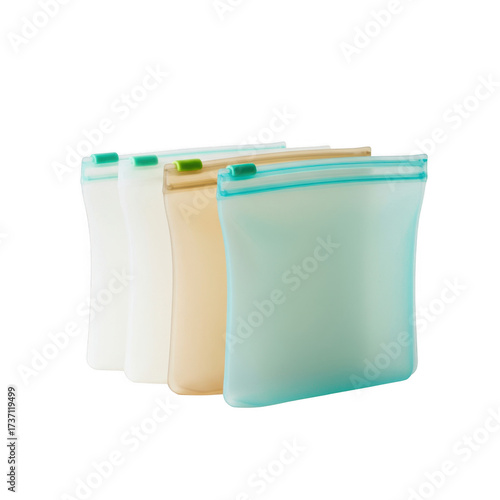 Three colorful reusable food storage bags with zip closures isolated on transparent background