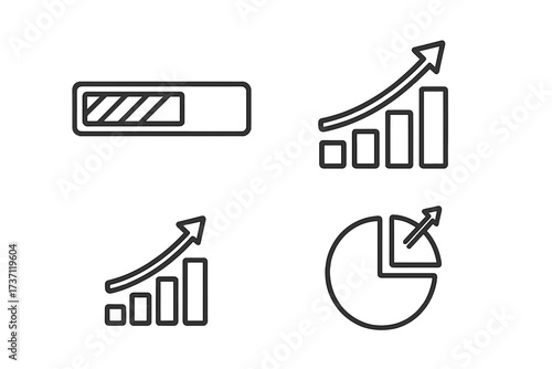 Editable outline progress bar and growth diagram collection with upward arrows, chart and pie graph elements, perfect for infographics, reports, articles, business presentations, banners, and flyers
