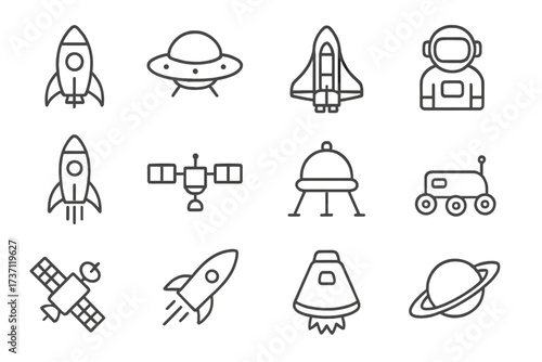 Spaceship vector collection editable stroke, cartoon rocket icons, UFO, astronaut, satellite, rover, space shuttle, planet Saturn, perfect for infographics, articles, books, banners, flyers