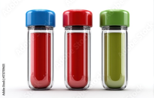 Three glass vials filled with colored liquids, each capped with a matching-colored lid