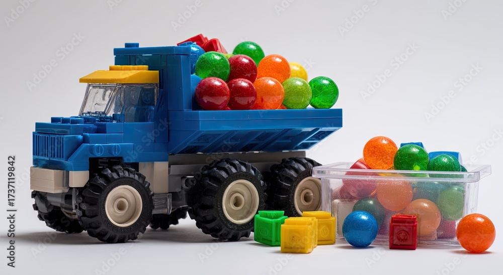 Fototapeta premium A toy truck, constructed from colorful blocks, overflowing with rounded colorful spheres