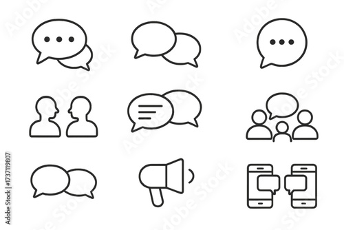 Speech bubble and communication icons collection, dialogue chat symbols, editable line stroke, perfect for infographics, articles, books, flyers, banners, vector cartoon set
