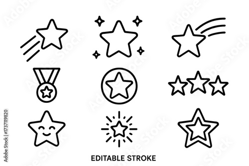 Star collection outline icons set, editable stroke vector design for infographics, articles, books, flyers, banners, cartoon style with transparent background
