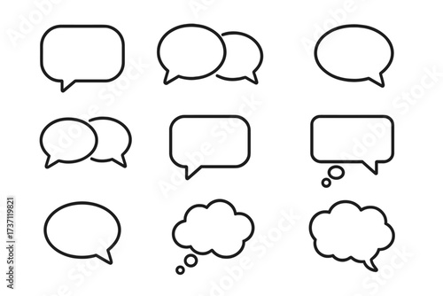 Speech bubble outline icon collection for communication and dialogue, editable stroke vector set for infographics, articles, books, flyers, banners, chat and thought symbols