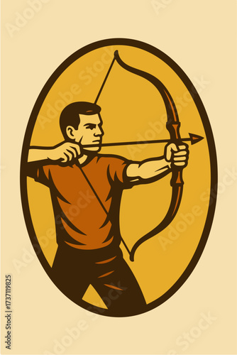 Archer Aiming Bow And Arrow In Oval Precision Sports Illustration