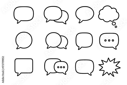 Speech bubble outline icons collection for communication and dialogue, editable stroke cartoon style, perfect for infographics, articles, books, flyers, banners, vector set