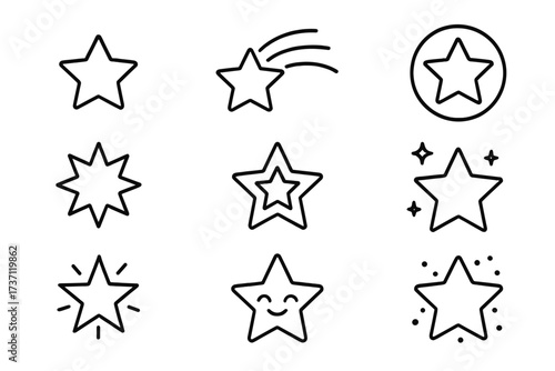 Star icon collection with editable strokes, vector cartoon illustrations for infographics, articles, books, flyers, banners, transparent background, shining, happy, shooting, and decorative stars