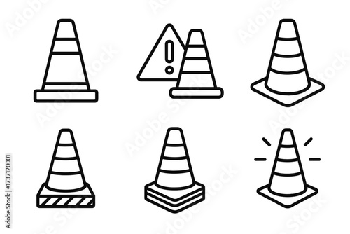 Traffic cone outline icon set, editable stroke line art collection for infographics, articles, books, flyers, banners, vector safety cones, construction and warning symbols