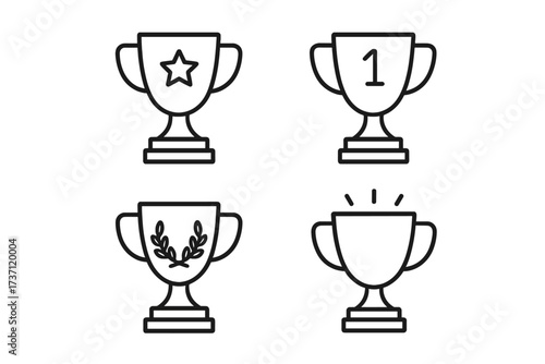 Winning cup outline collection with star, number one, laurel wreath and shining trophy, editable stroke vector icons, perfect for infographics, articles, books, flyers, banners