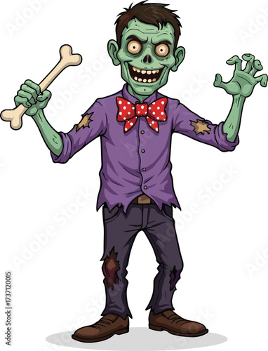 Cartoon zombie character illustration, funny green monster with torn clothes, spooky Halloween design, creepy undead creature, scary comic artwork, humorous horror