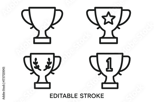 Winning cup outline collection with editable stroke, trophy icons with star, number one and laurel decor, award symbols for infographics, articles, banners, flyers, and books