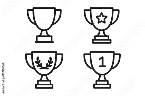Winning cup trophy outline collection, editable stroke vector set for infographics, articles, books, flyers, banners, cartoon style, transparent background illustration