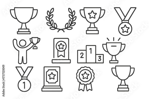 Winning cup and award icons collection, editable stroke vector illustration with trophy, medal, ribbon, laurel wreath, podium and achievement symbols for infographics, articles, books, flyers, banners