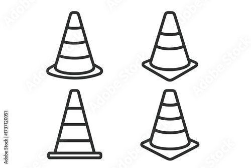 Traffic cone outline collection vector set, editable stroke icons, safety cone symbols for infographics, articles, banners, flyers, books, construction and road safety design