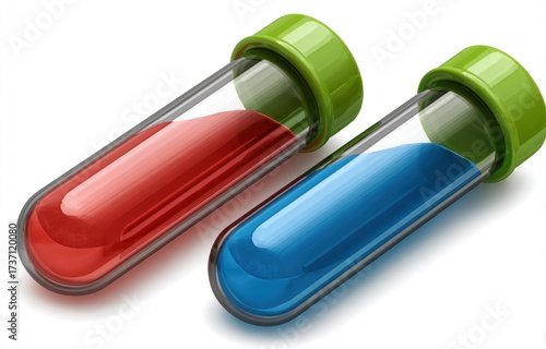 Two tilted glass vials, one red, one blue, both filled with liquid and topped with green lids