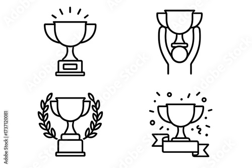 Winning cup trophy icons collection with editable stroke, perfect for infographics, articles, books, flyers, and banners, vector cartoon illustrations featuring winners and awards