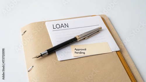 Loan Application Document with Approval Pending Sign and Fountain Pen on Desk, Financial Concept for Business Solutions