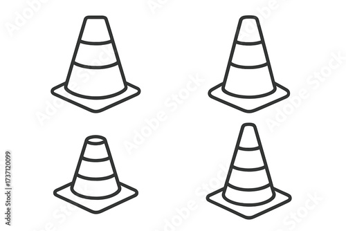 Traffic Cone Collection Vector Set, Editable Stroke Outline Icons for Infographics, Articles, Books, Flyers, Banners, Cartoon Safety Cones Transparent Background Illustration