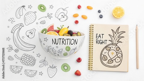 Wallpaper Mural Fresh Fruits in Bowl with Nutrition Sketches and Notepad Promoting Healthy Eating and Balanced Diet Concepts Torontodigital.ca
