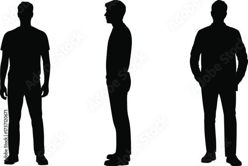 Silhouette of men standing, full body side view, casual and formal outfit, black shadow male figures isolated on white background