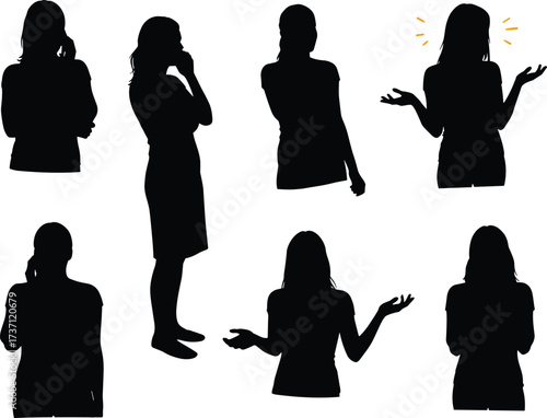 Silhouette of woman expressing emotions with different hand gestures, thinking, confusion, communication, body language, modern lifestyle, creative illustration design.