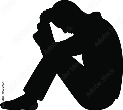 Silhouette of sad man sitting on floor, depressed male figure holding head, loneliness, stress, anxiety, emotional despair illustration