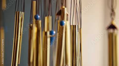 Relaxing Ambient Sound: Close-up of Golden Wind Chimes creating a calming atmosphere, Ideal for
