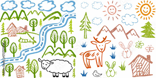 Charming hand drawn childrens illustration of a rural landscape with animals and nature elements