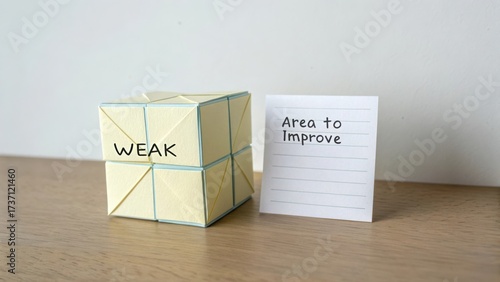 Wallpaper Mural Creative Paper Cube with Text Weak and Area to Improve for Personal Development and Growth Concepts in Modern Workspace Torontodigital.ca