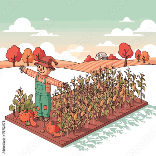Autumn Harvest Scene with Scarecrow Pumpkins and Cornfield.