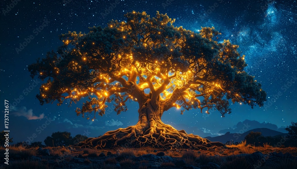Obraz premium Enchanted Glowing Tree with Twinkling Lights Under a Starry Night Sky