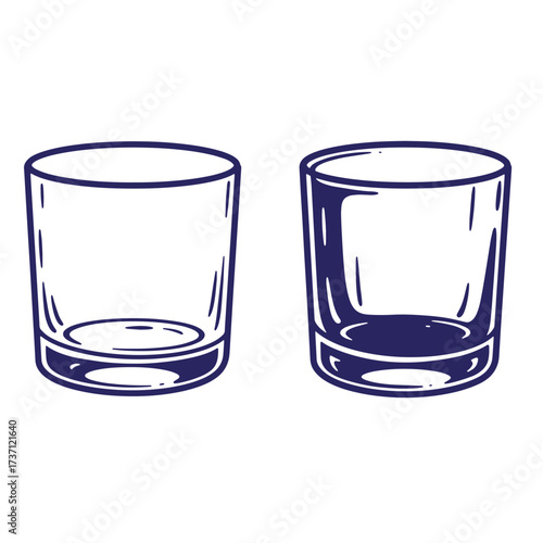 Vector illustration of two stylized empty whiskey glasses for drinks and cocktails design