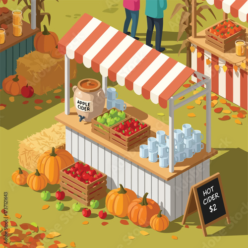 Autumn market stall with pumpkins apples and hot cider.