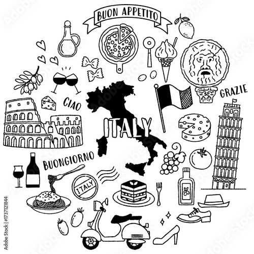 simple and cute illustration set related to Italy (monochrome)