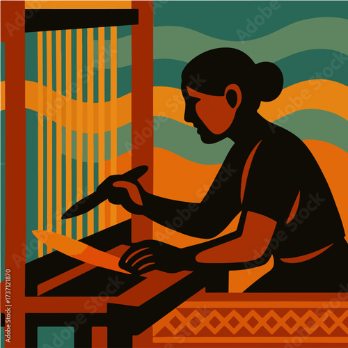 Woman Weaver At Handloom Creating Traditional Textile Craft Vector