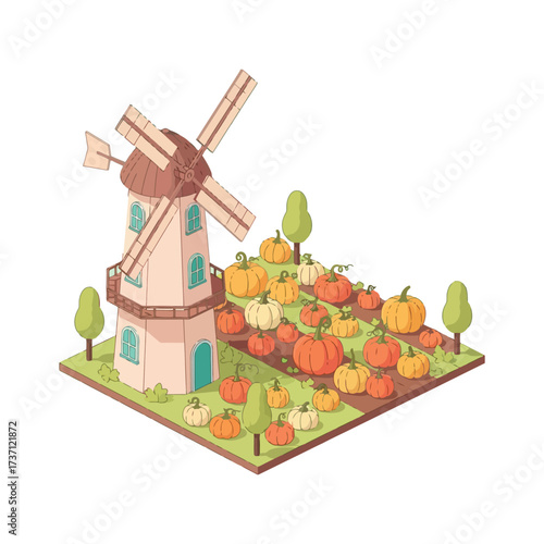 Autumn Harvest Scene with Windmill and Pumpkin Patch Illustration.