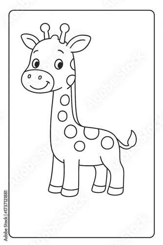 Cartoon giraffe standing and smiling in a playful design  