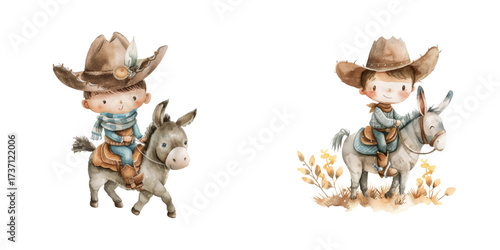 cute cowboy riding donkey watercolor vector illustration