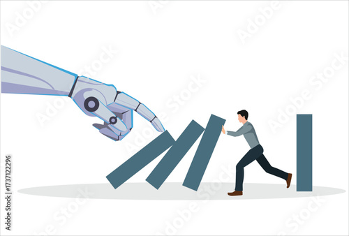 Robot arm push to collapse dominoes, businessman resists against financial loss. AI bot to disrupt human work, Artificial intelligence impact or challenge, job uncertainty, innovation effect.