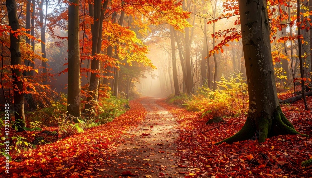 Fototapeta premium Beautiful Scenic Autumn Forest Walkway with Golden Light and Foliage Landscape