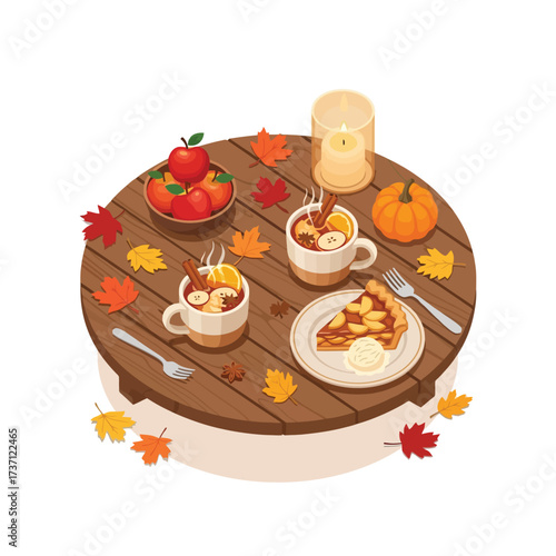 Cozy Autumn Table Setting with Apple Pie and Hot Drinks.