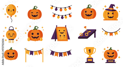 Halloween party elements pumpkins pennant banners and games perfect for holiday invitations decorations and a fun themed childrens event.