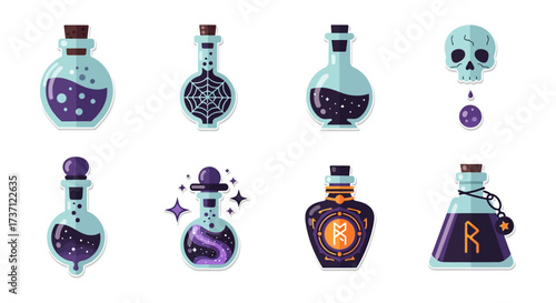 Halloween potions set with spooky vials and magical liquids for eerie designs perfect for festive invitations and magical themes.