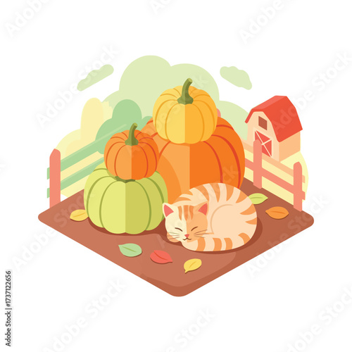 Cute cat sleeping peacefully next to a stack of colorful pumpkins.