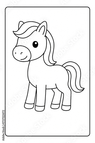 Cute cartoon pony illustration in black and white for coloring  