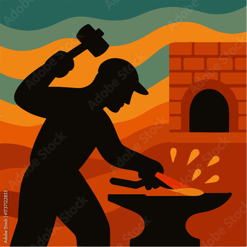 Blacksmith Forging Hot Metal On Anvil In Fiery Workshop Craft Vector