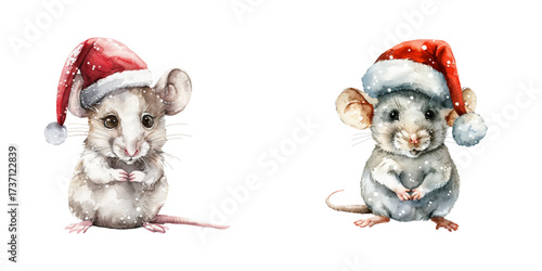 cute mouse wearing santa hat watercolor vector illustration