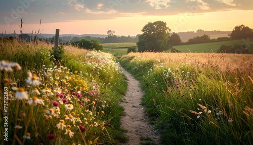 Serene Rural Dirt Path with Wildflower Meadow at Golden Hour Landscape